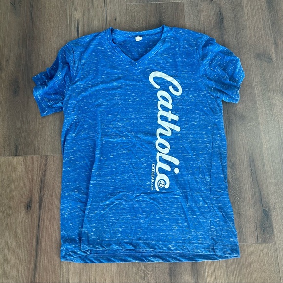 NWOT Super Soft Heather Royal Blue Catholic Canvas T-shirt Sz Medium - Picture 1 of 4